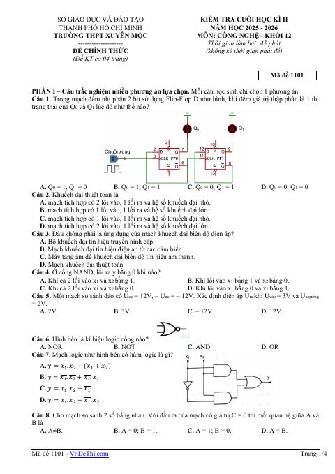 Đề thi Học kì 2 Công nghệ 12 năm 2025-2026 trường THPT Xuyên Mộc (TP Hồ Chí Minh)